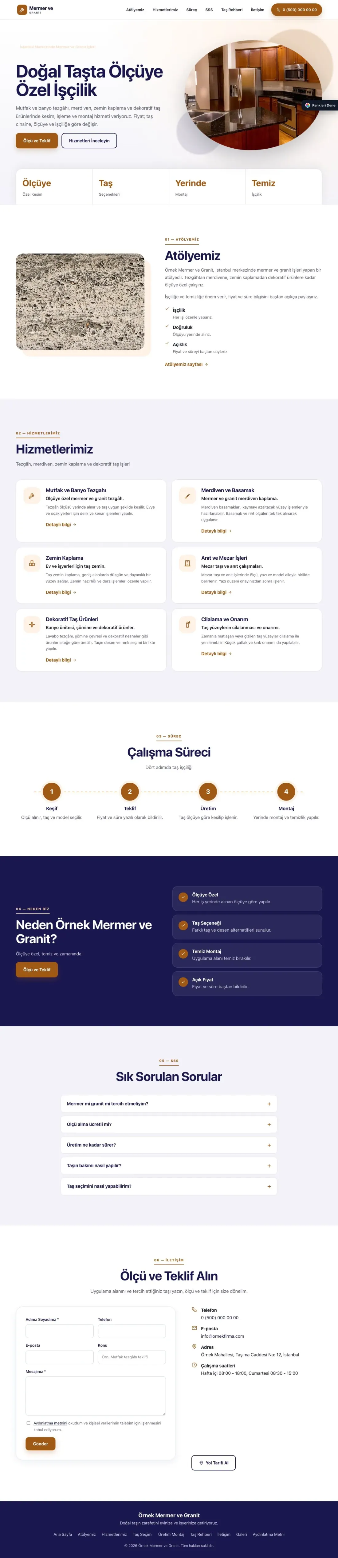Mermer ve Granit için Tek Sayfa Lacivert Turuncu – Mermer ve Granit Web Sitesi ana sayfa görünümü