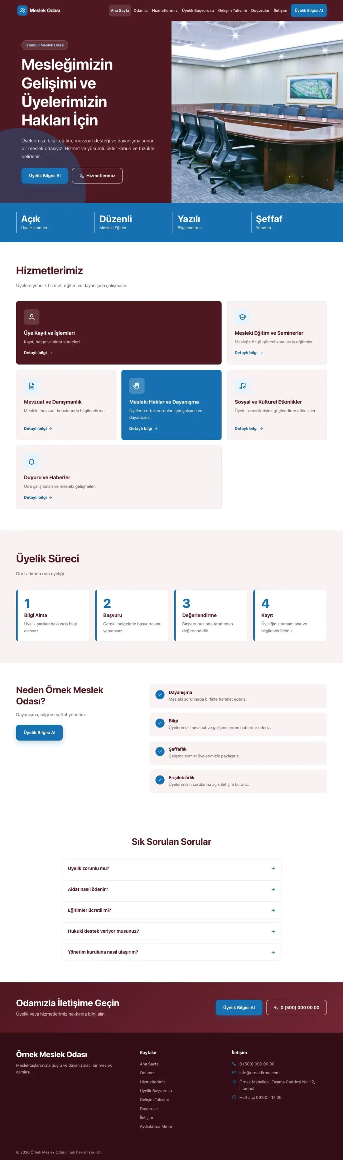 Blok Bordo Mavi – Meslek Odası ve Sendika Web Sitesi ana sayfa görünümü