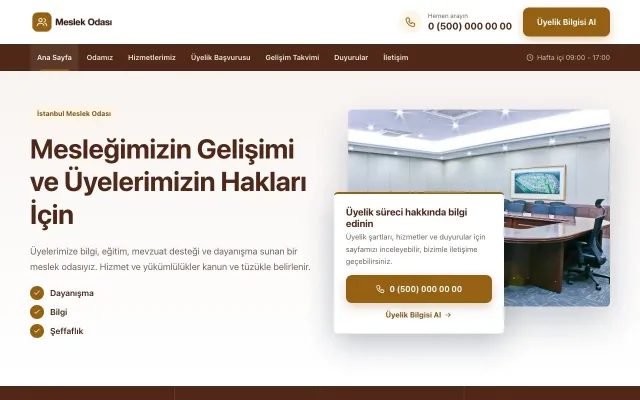 Bölünmüş Kahve Turuncu – Meslek Odası ve Sendika Web Sitesi ana sayfa görünümü