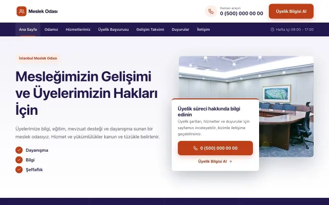 Bölünmüş Lacivert Turuncu – Meslek Odası ve Sendika Web Sitesi ana sayfa görünümü