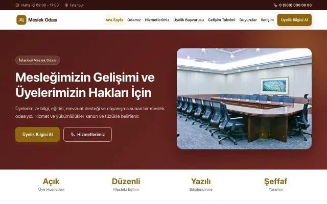 Klasik Bordo Amber – Meslek Odası ve Sendika Web Sitesi ana sayfa görünümü
