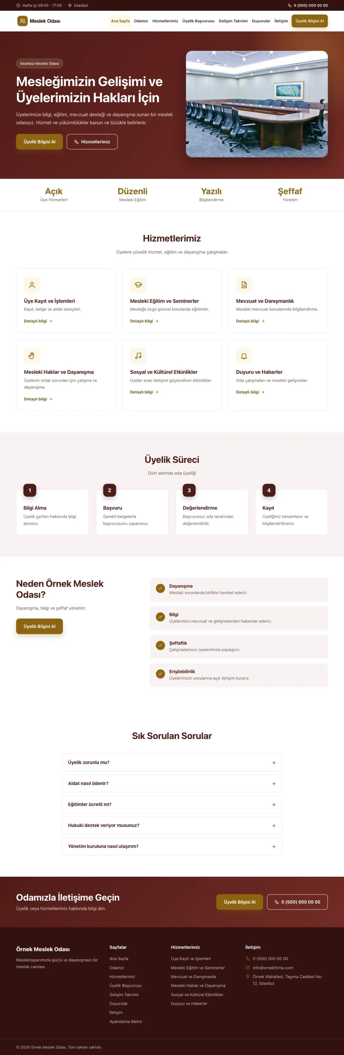 Klasik Bordo Amber – Meslek Odası ve Sendika Web Sitesi ana sayfa görünümü