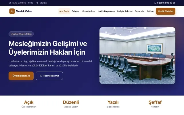 Klasik Lacivert Turuncu – Meslek Odası ve Sendika Web Sitesi ana sayfa görünümü