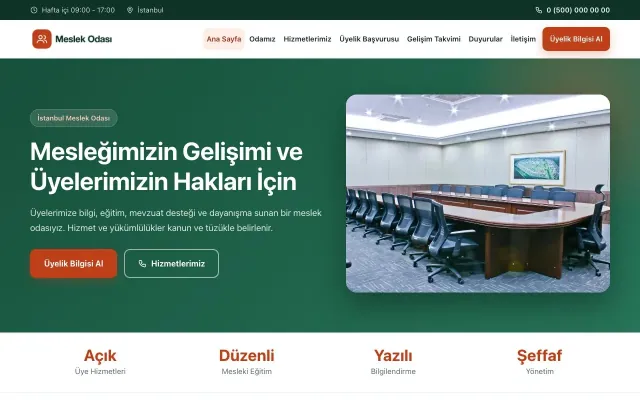 Klasik Yeşil Turuncu – Meslek Odası ve Sendika Web Sitesi ana sayfa görünümü