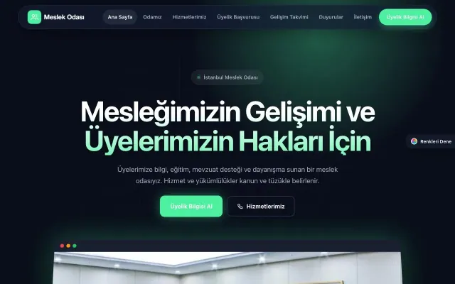 Meslek Odası ve Sendika için Koyu Modern Lacivert Yeşil – Meslek Odası ve Sendika Web Sitesi ana sayfa görünümü