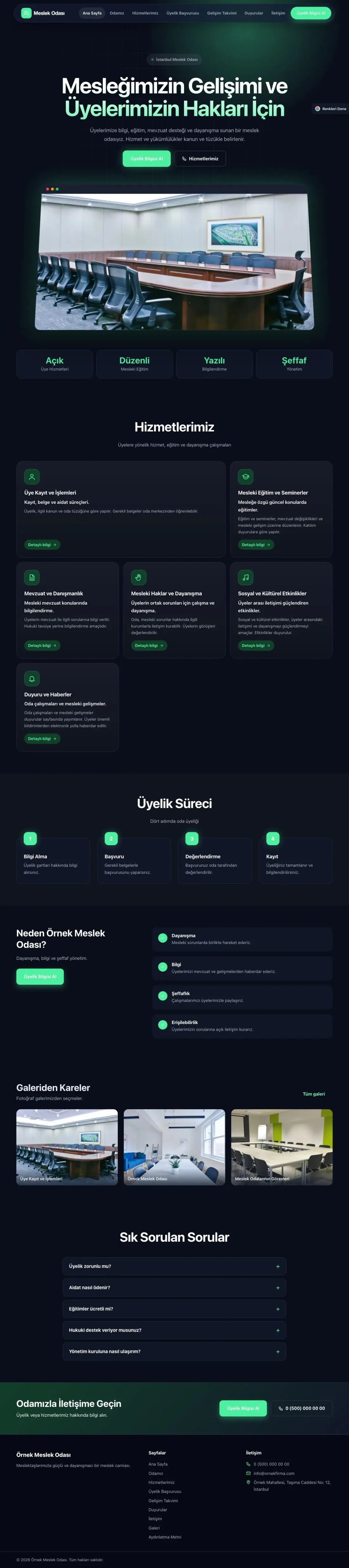 Meslek Odası ve Sendika için Koyu Modern Lacivert Yeşil – Meslek Odası ve Sendika Web Sitesi ana sayfa görünümü