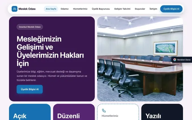 Meslek Odası ve Sendika için Mozaik Mor Mavi – Meslek Odası ve Sendika Web Sitesi ana sayfa görünümü