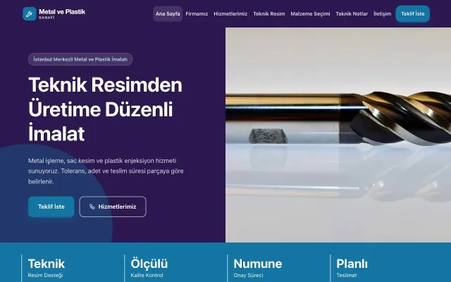 Blok Mor Mavi – Metal ve Plastik Web Sitesi ana sayfa görünümü