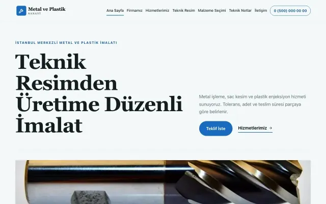 Editoryal Petrol Mavi – Metal ve Plastik Web Sitesi ana sayfa görünümü
