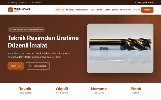 Klasik Kahve Turuncu – Metal ve Plastik Web Sitesi ana sayfa görünümü