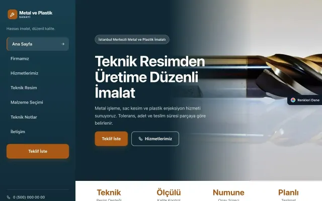 Metal ve Plastik için Sol Menü Mavi Turuncu – Metal ve Plastik Web Sitesi ana sayfa görünümü