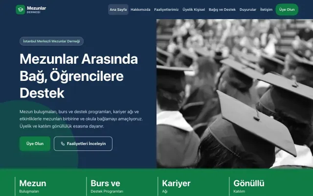 Mezunlar Derneği için Blok Mavi Yeşil – Mezunlar Derneği Web Sitesi ana sayfa görünümü