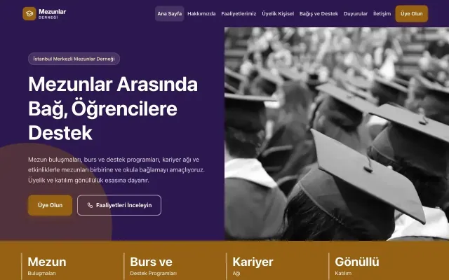 Mezunlar Derneği için Blok Mor Turuncu – Mezunlar Derneği Web Sitesi ana sayfa görünümü