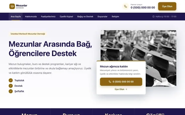 Mezunlar Derneği için Bölünmüş Lacivert Amber – Mezunlar Derneği Web Sitesi ana sayfa görünümü