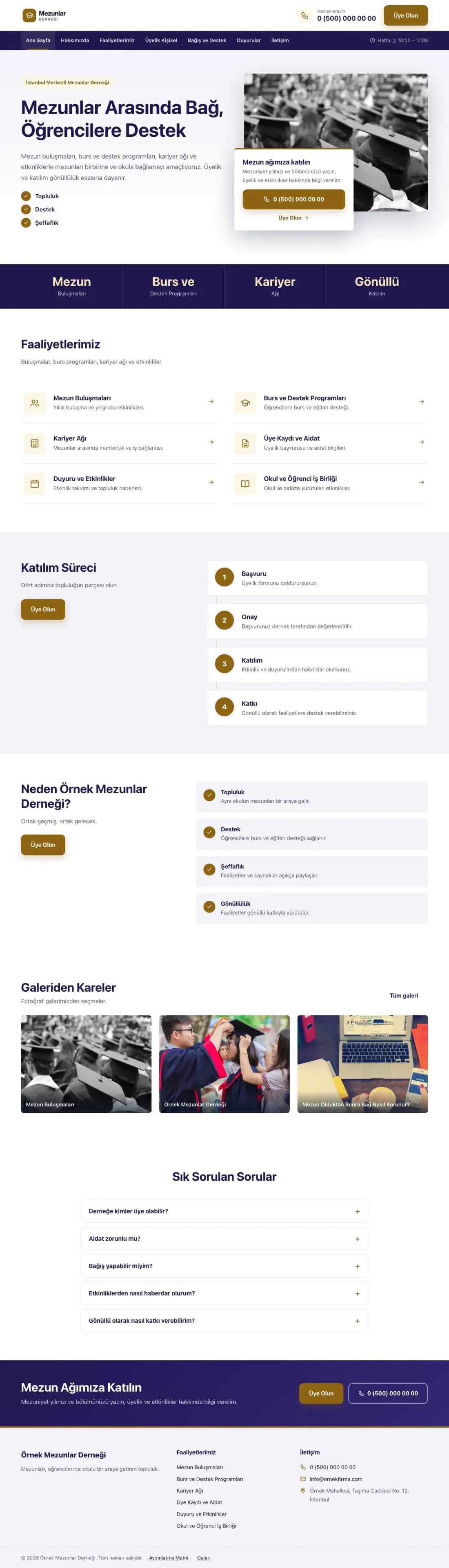 Mezunlar Derneği için Bölünmüş Lacivert Amber – Mezunlar Derneği Web Sitesi ana sayfa görünümü