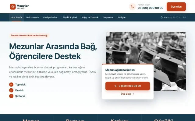 Mezunlar Derneği için Bölünmüş Mavi Turuncu – Mezunlar Derneği Web Sitesi ana sayfa görünümü
