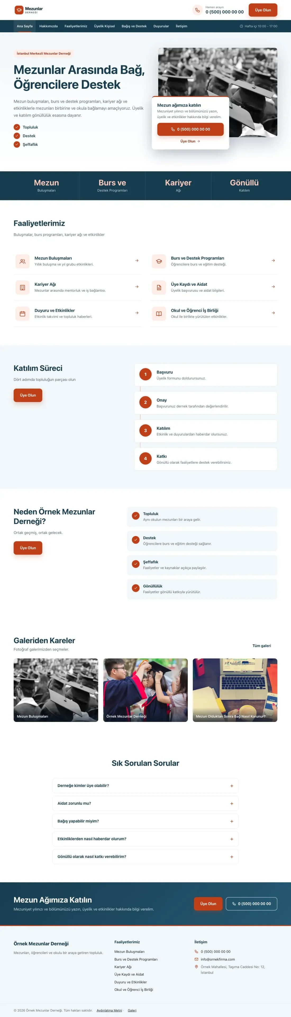Mezunlar Derneği için Bölünmüş Mavi Turuncu – Mezunlar Derneği Web Sitesi ana sayfa görünümü