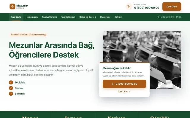 Mezunlar Derneği için Bölünmüş Yeşil Turuncu – Mezunlar Derneği Web Sitesi ana sayfa görünümü
