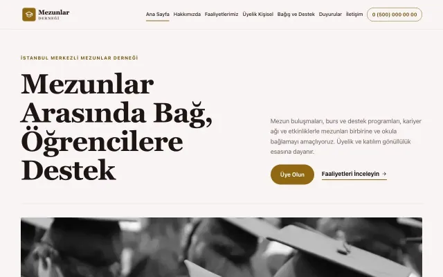 Mezunlar Derneği için Dergi Editoryal Bordo Amber – Mezunlar Derneği Web Sitesi ana sayfa görünümü