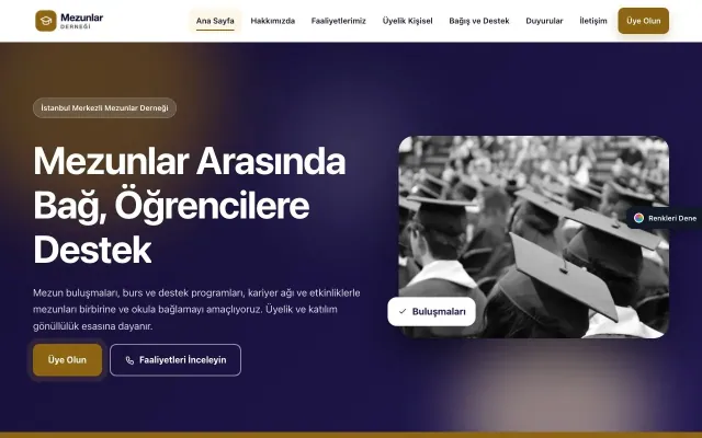 Mezunlar Derneği için Hareketli Lacivert Amber – Mezunlar Derneği Web Sitesi ana sayfa görünümü