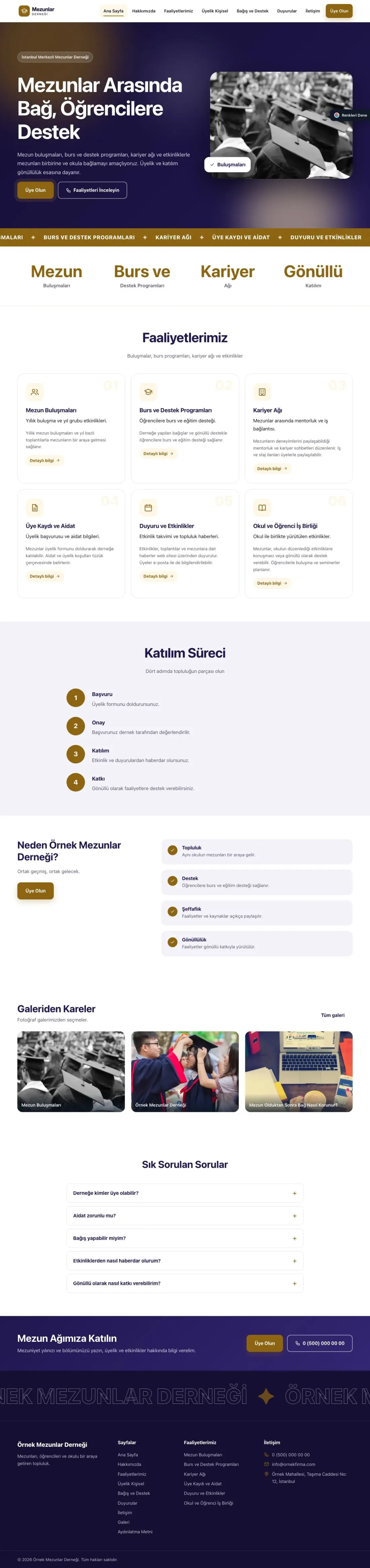Mezunlar Derneği için Hareketli Lacivert Amber – Mezunlar Derneği Web Sitesi ana sayfa görünümü