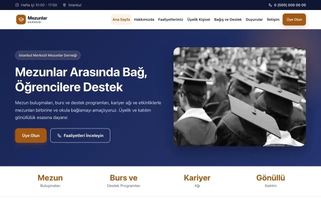 Mezunlar Derneği için Klasik Lacivert Turuncu – Mezunlar Derneği Web Sitesi ana sayfa görünümü