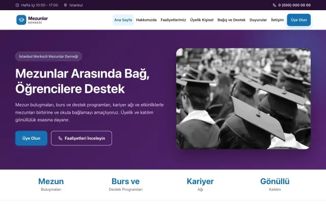 Mezunlar Derneği için Klasik Mor Mavi – Mezunlar Derneği Web Sitesi ana sayfa görünümü
