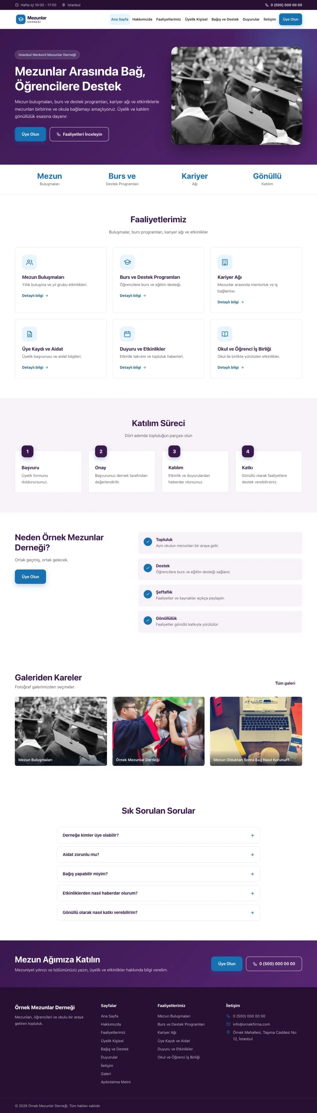 Mezunlar Derneği için Klasik Mor Mavi – Mezunlar Derneği Web Sitesi ana sayfa görünümü