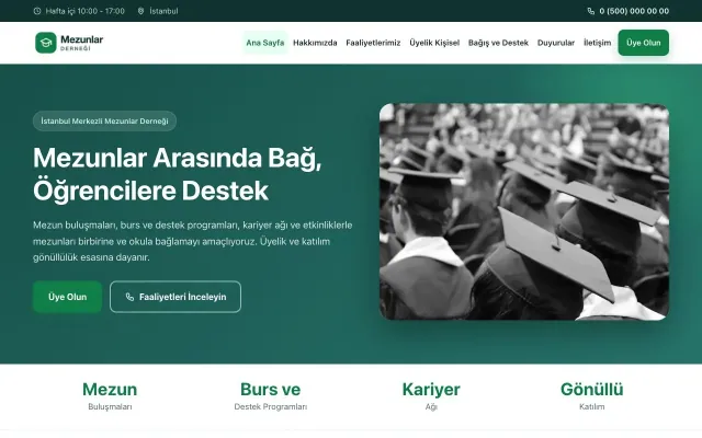 Mezunlar Derneği için Klasik Petrol Yeşil – Mezunlar Derneği Web Sitesi ana sayfa görünümü