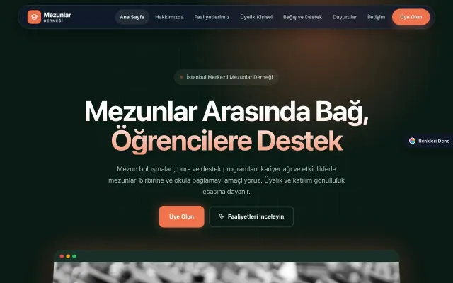 Mezunlar Derneği için Koyu Modern Yeşil Turuncu – Mezunlar Derneği Web Sitesi ana sayfa görünümü