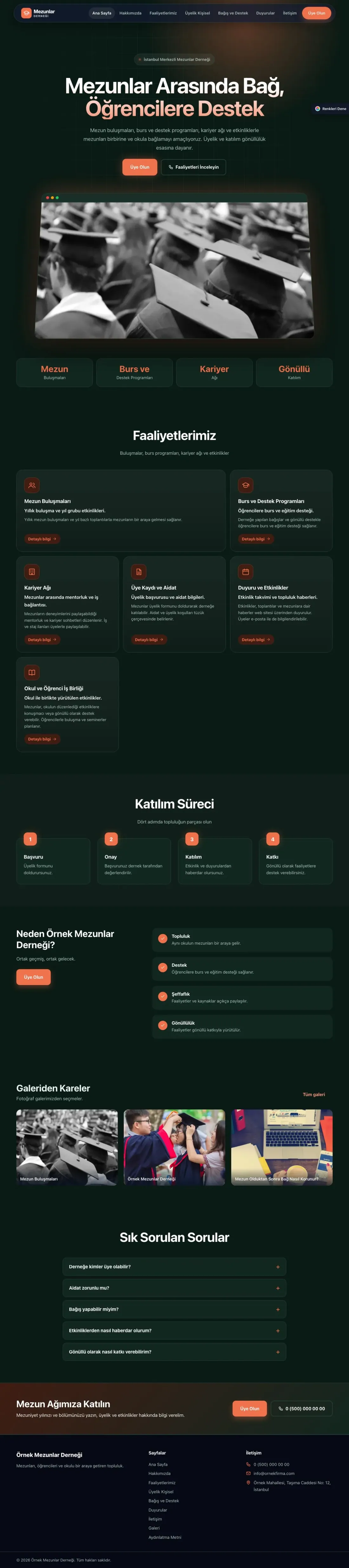 Mezunlar Derneği için Koyu Modern Yeşil Turuncu – Mezunlar Derneği Web Sitesi ana sayfa görünümü