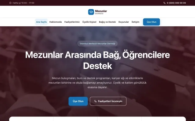 Mezunlar Derneği için Merkez Bordo Mavi – Mezunlar Derneği Web Sitesi ana sayfa görünümü
