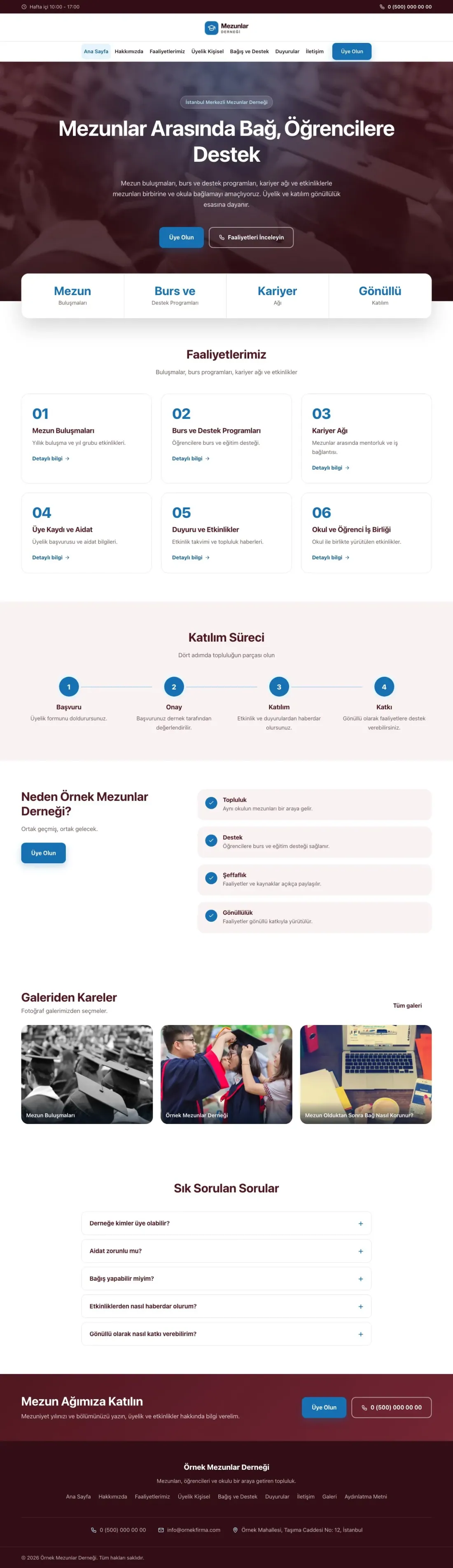 Mezunlar Derneği için Merkez Bordo Mavi – Mezunlar Derneği Web Sitesi ana sayfa görünümü