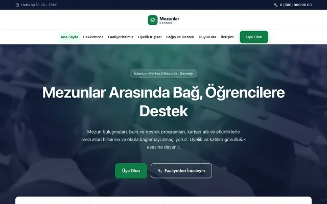 Mezunlar Derneği için Merkez Lacivert Yeşil – Mezunlar Derneği Web Sitesi ana sayfa görünümü
