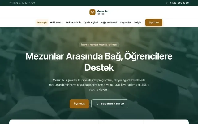 Mezunlar Derneği için Merkez Petrol Turuncu – Mezunlar Derneği Web Sitesi ana sayfa görünümü