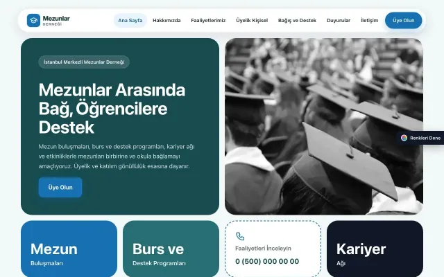 Mezunlar Derneği için Mozaik Petrol Mavi – Mezunlar Derneği Web Sitesi ana sayfa görünümü