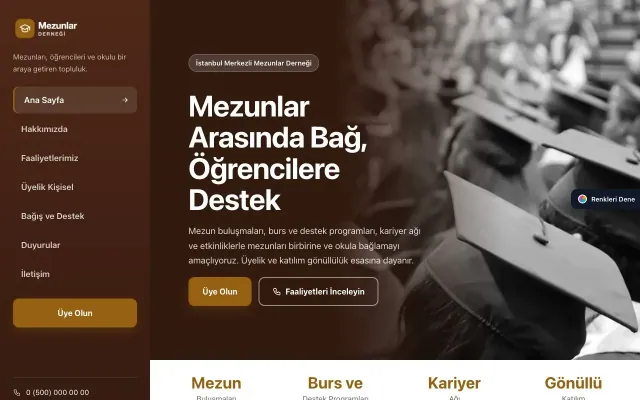 Mezunlar Derneği için Sol Menü Kahve Turuncu – Mezunlar Derneği Web Sitesi ana sayfa görünümü