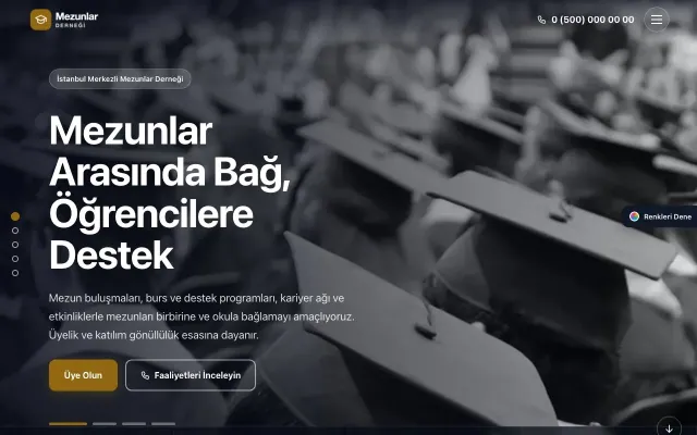 Mezunlar Derneği için Tam Ekran Mavi Amber – Mezunlar Derneği Web Sitesi ana sayfa görünümü