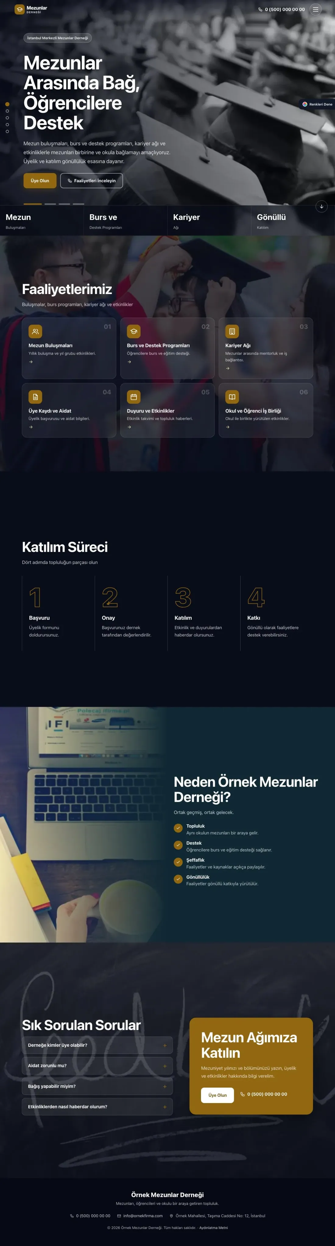 Mezunlar Derneği için Tam Ekran Mavi Amber – Mezunlar Derneği Web Sitesi ana sayfa görünümü