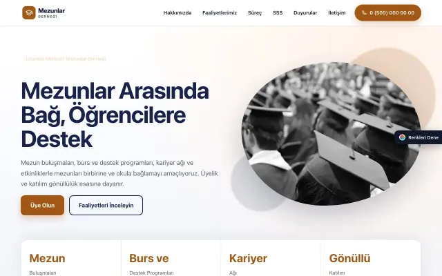 Mezunlar Derneği için Tek Sayfa Lacivert Turuncu – Mezunlar Derneği Web Sitesi ana sayfa görünümü