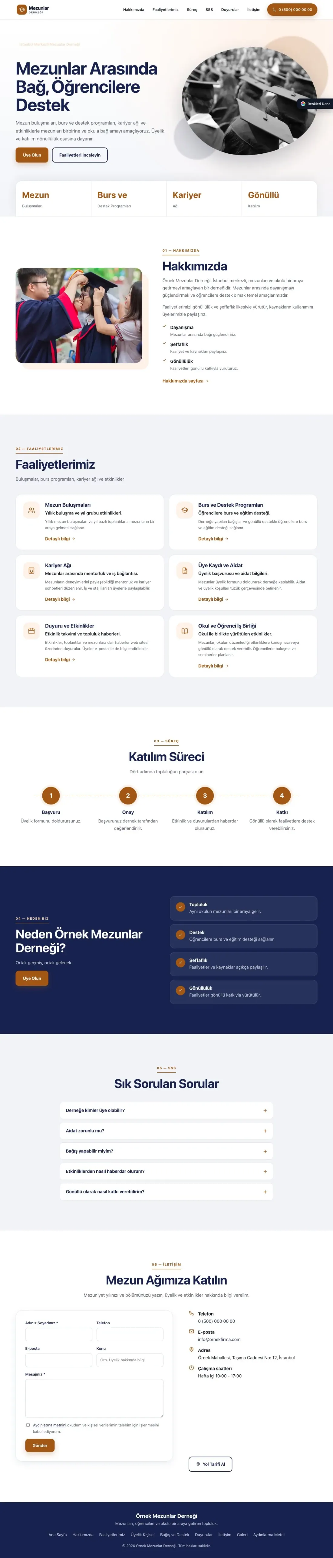 Mezunlar Derneği için Tek Sayfa Lacivert Turuncu – Mezunlar Derneği Web Sitesi ana sayfa görünümü