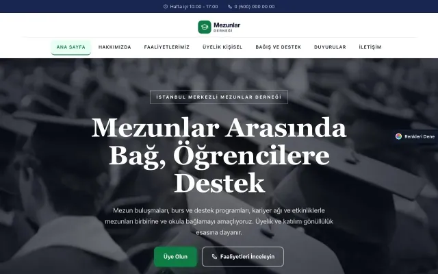 Mezunlar Derneği için Zigzag Lacivert Yeşil – Mezunlar Derneği Web Sitesi ana sayfa görünümü