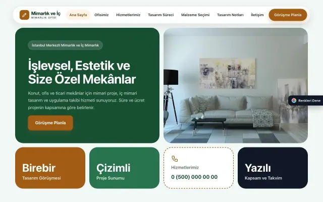 Mimarlık ve İç Mimarlık için Mozaik Yeşil Turuncu – Mimarlık ve İç Mimarlık Web Sitesi ana sayfa görünümü