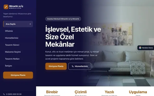 Mimarlık ve İç Mimarlık için Sol Menü Lacivert Turuncu – Mimarlık ve İç Mimarlık Web Sitesi ana sayfa görünümü