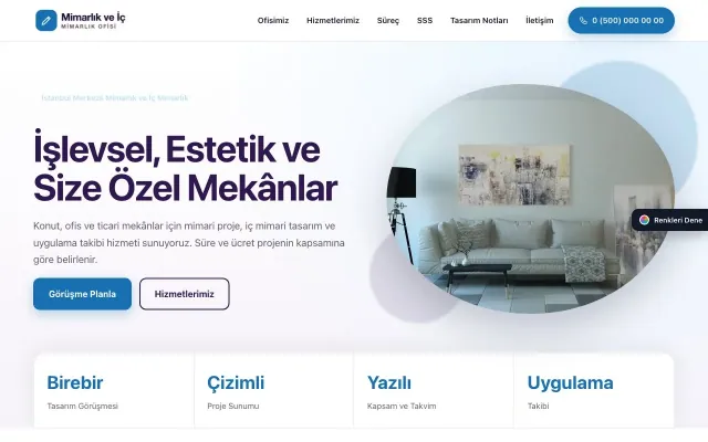 Mimarlık ve İç Mimarlık için Tek Sayfa Mor Mavi – Mimarlık ve İç Mimarlık Web Sitesi ana sayfa görünümü