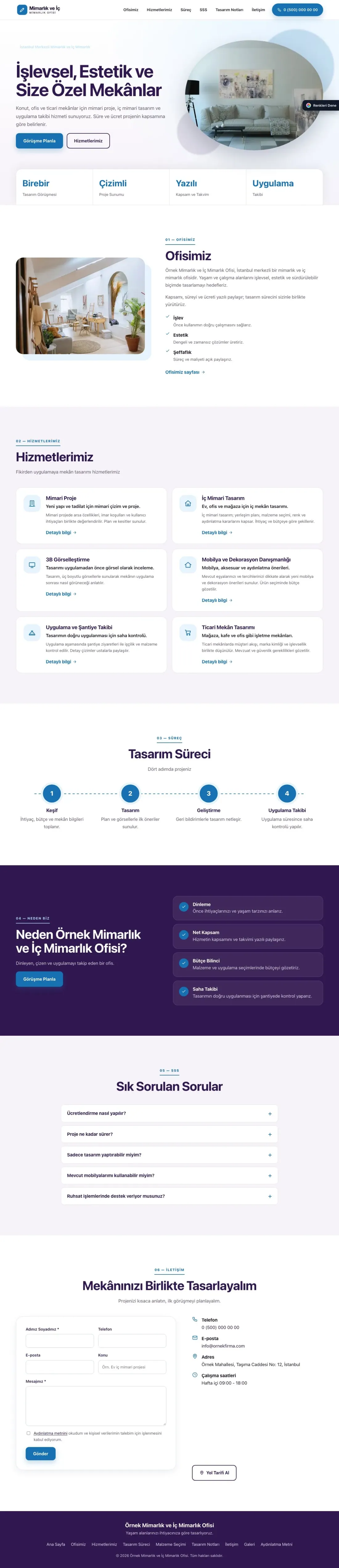 Mimarlık ve İç Mimarlık için Tek Sayfa Mor Mavi – Mimarlık ve İç Mimarlık Web Sitesi ana sayfa görünümü