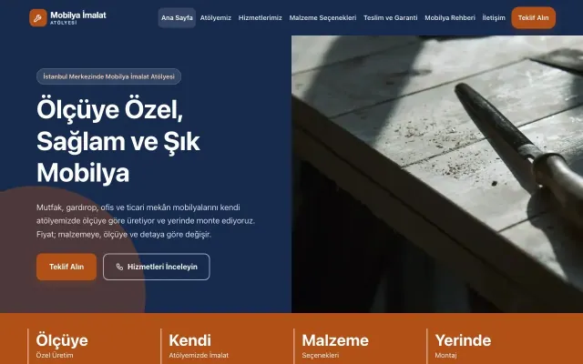 Mobilya İmalat Atölyesi için Blok Mavi Turuncu – Mobilya İmalat Atölyesi Web Sitesi ana sayfa görünümü