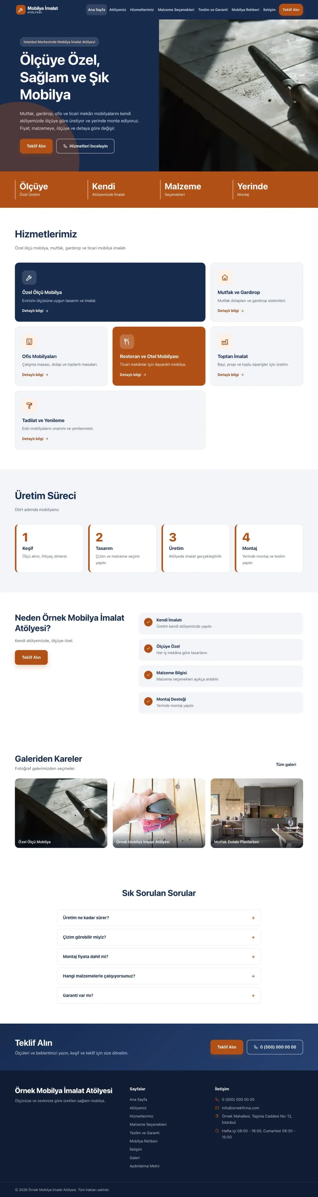 Mobilya İmalat Atölyesi için Blok Mavi Turuncu – Mobilya İmalat Atölyesi Web Sitesi ana sayfa görünümü