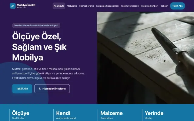 Mobilya İmalat Atölyesi için Blok Mor Mavi – Mobilya İmalat Atölyesi Web Sitesi ana sayfa görünümü