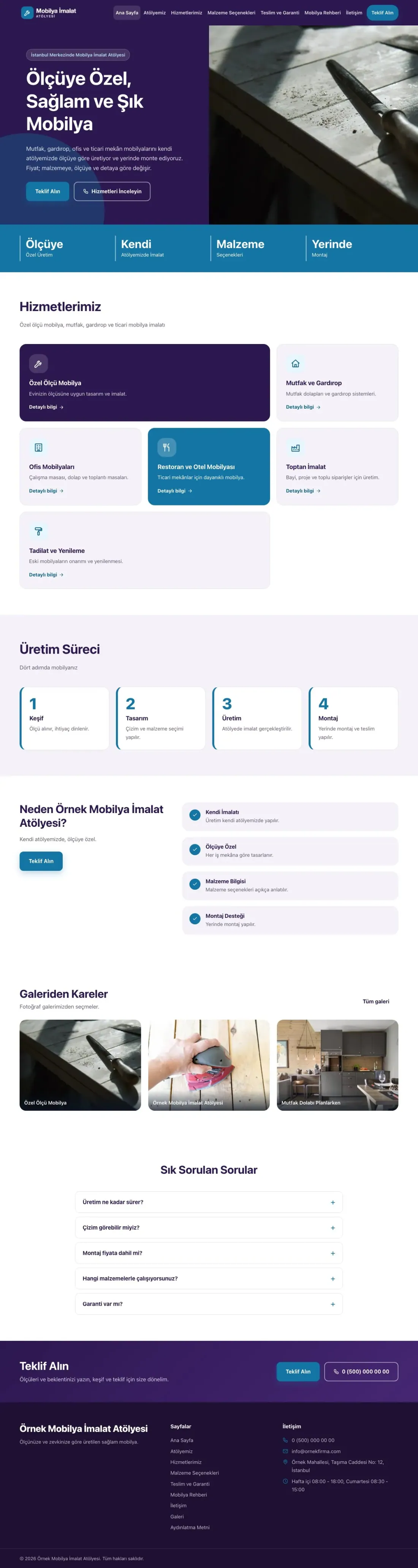 Mobilya İmalat Atölyesi için Blok Mor Mavi – Mobilya İmalat Atölyesi Web Sitesi ana sayfa görünümü